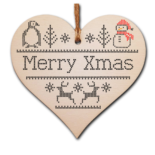 Handmade Christmas Hanging Wooden Heart Plaque Decoration Gift or Tag to wish someone special a merry xmas Cross Stitch Cute style festive bauble