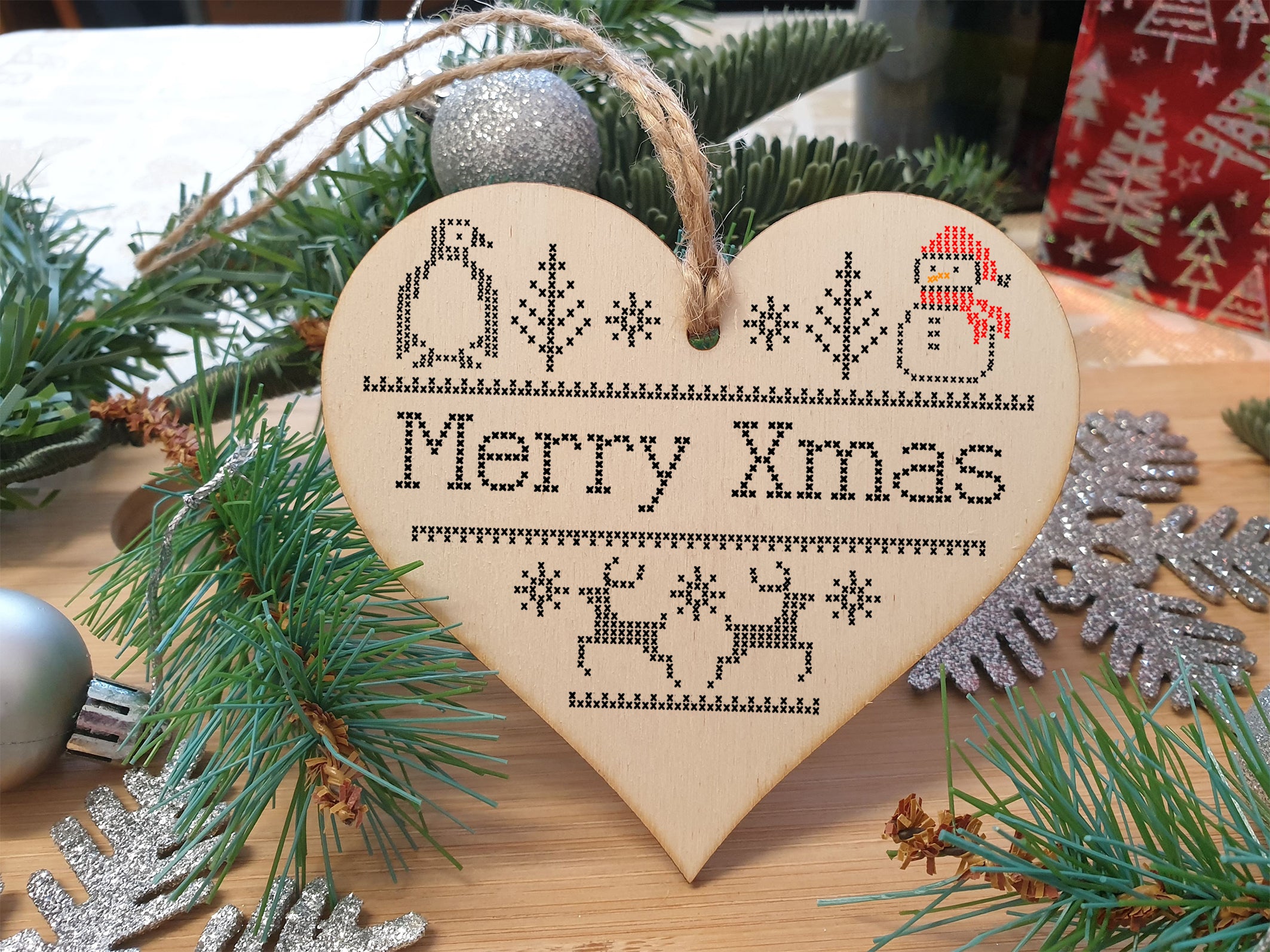 Handmade Christmas Hanging Wooden Heart Plaque Decoration Gift or Tag to wish someone special a merry xmas Cross Stitch Cute style festive bauble