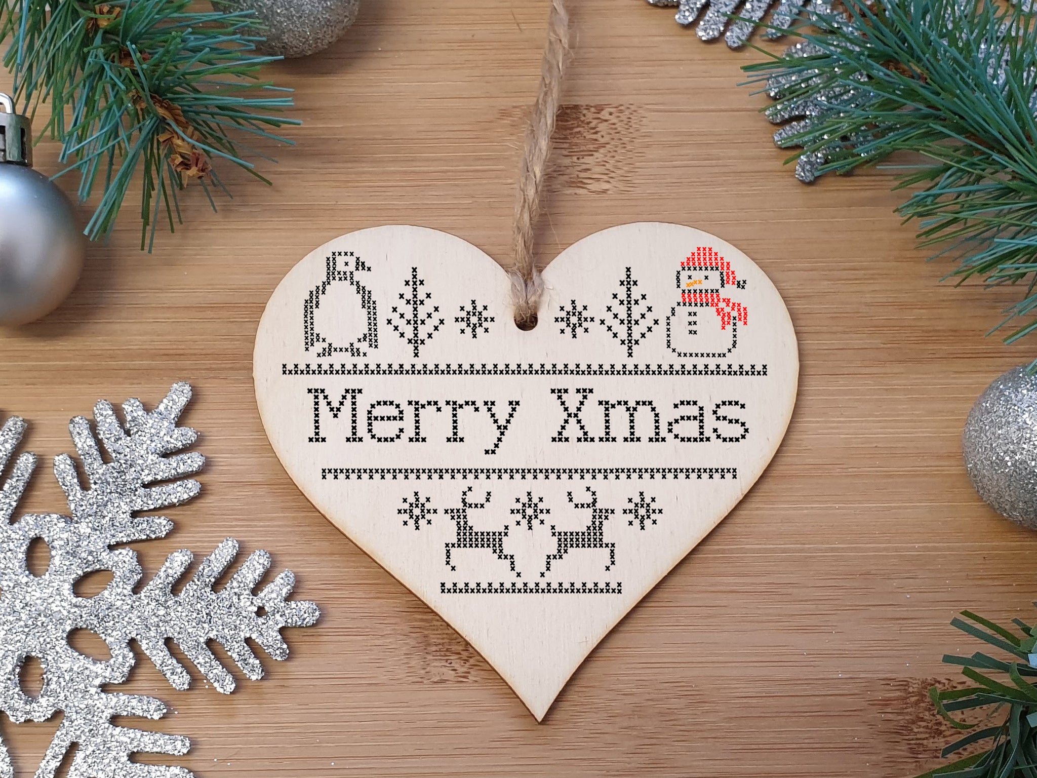 Handmade Christmas Hanging Wooden Heart Plaque Decoration Gift or Tag to wish someone special a merry xmas Cross Stitch Cute style festive bauble