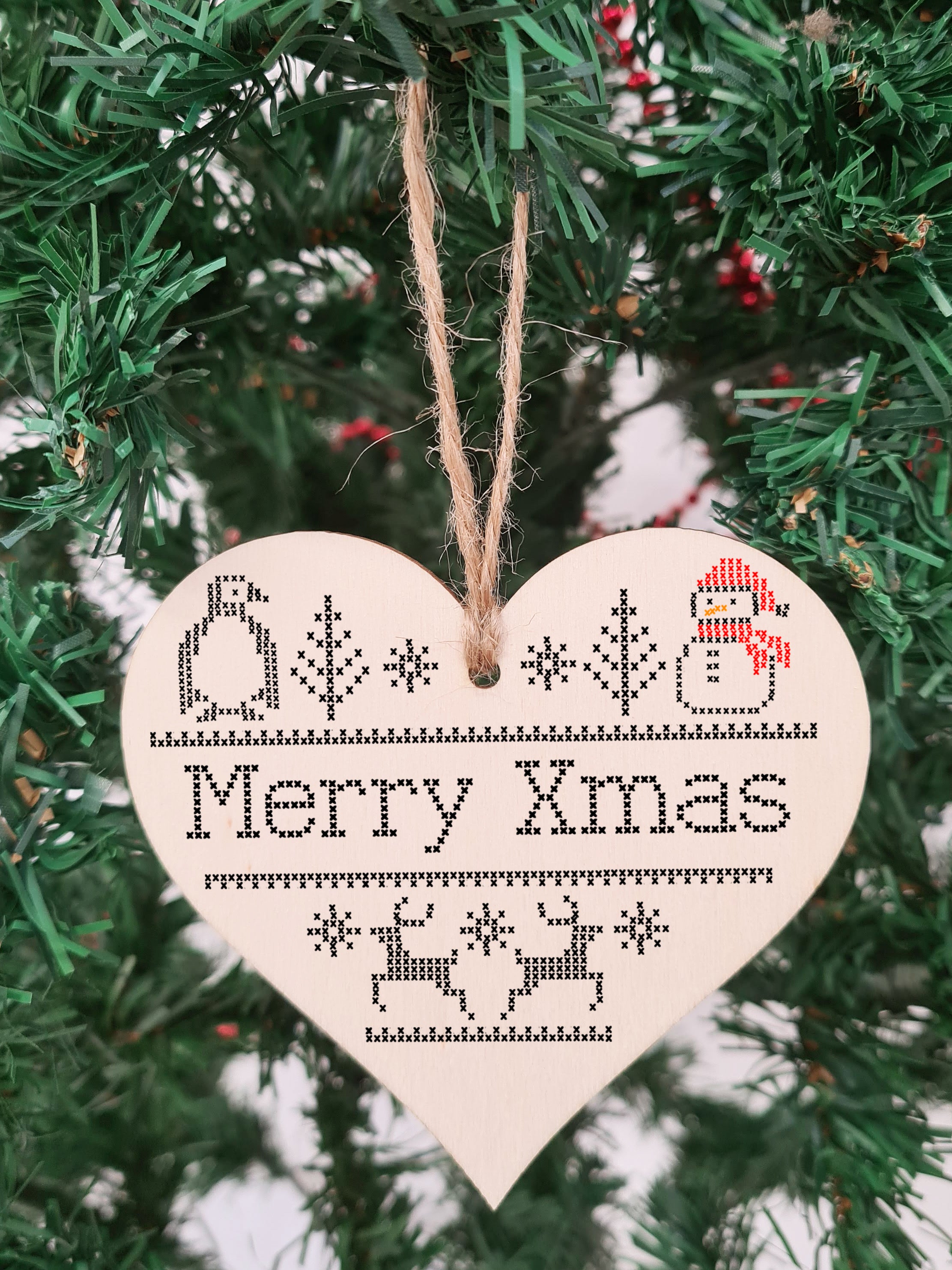 Handmade Christmas Hanging Wooden Heart Plaque Decoration Gift or Tag to wish someone special a merry xmas Cross Stitch Cute style festive bauble