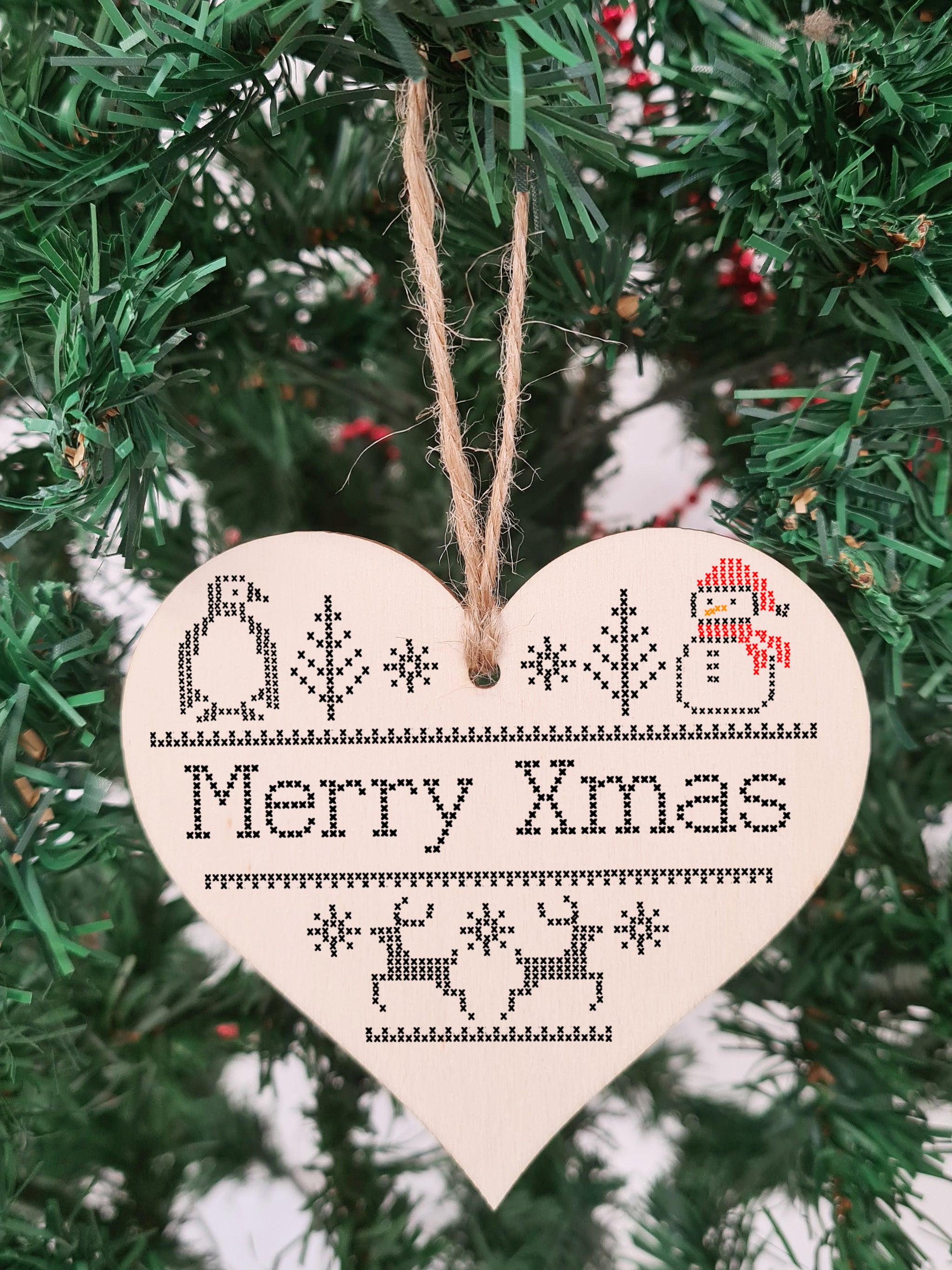 Handmade Christmas Hanging Wooden Heart Plaque Decoration Gift or Tag to wish someone special a merry xmas Cross Stitch Cute style festive bauble