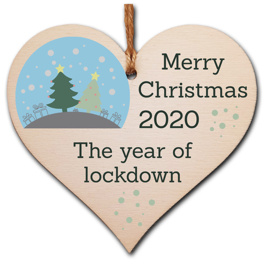 Handmade Wooden Hanging Heart Plaque Christmas Tree Bauble 2020 Year of Lockdown Family Celebration Trees Gifts Snowglobe Design