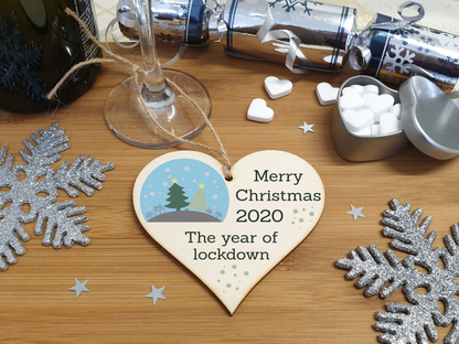 Handmade Wooden Hanging Heart Plaque Christmas Tree Bauble 2020 Year of Lockdown Family Celebration Trees Gifts Snowglobe Design