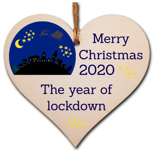 Handmade Wooden Hanging Heart Plaque Christmas Tree Bauble 2020 Year of Lockdown Family Celebration Winter Night Scene Snowglobe Design