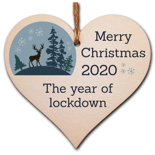 Handmade Wooden Hanging Heart Plaque Christmas Tree Bauble 2020 Year of Lockdown Family Celebration Stag Winter Snowglobe Design