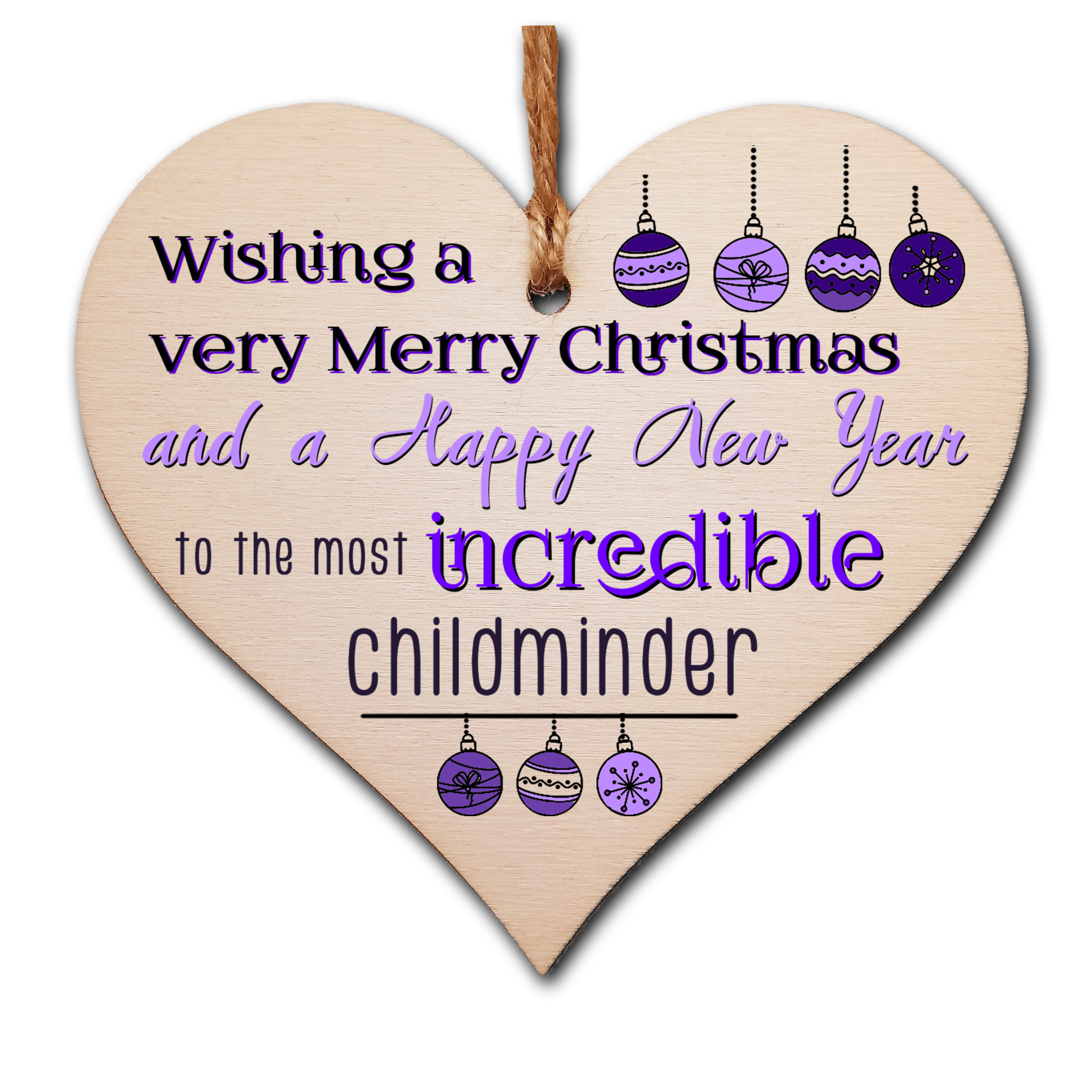 Handmade Wooden Christmas Hanging Heart Plaque Gift Wishing Merry Xmas and happy new year to most incredibel childminder card alternative funky wording