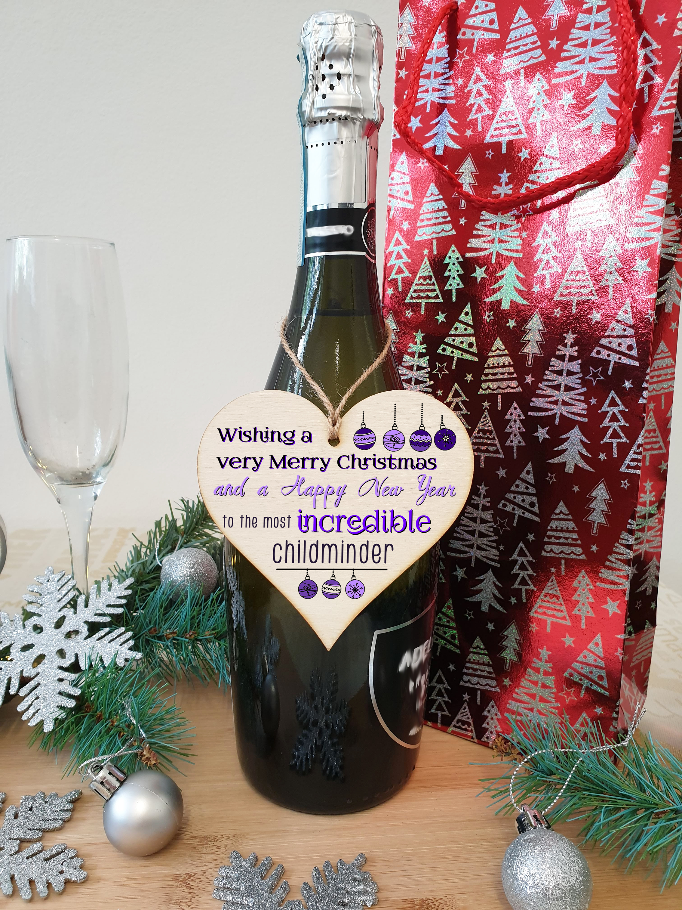 Handmade Wooden Christmas Hanging Heart Plaque Gift Wishing Merry Xmas and happy new year to most incredibel childminder card alternative funky wording