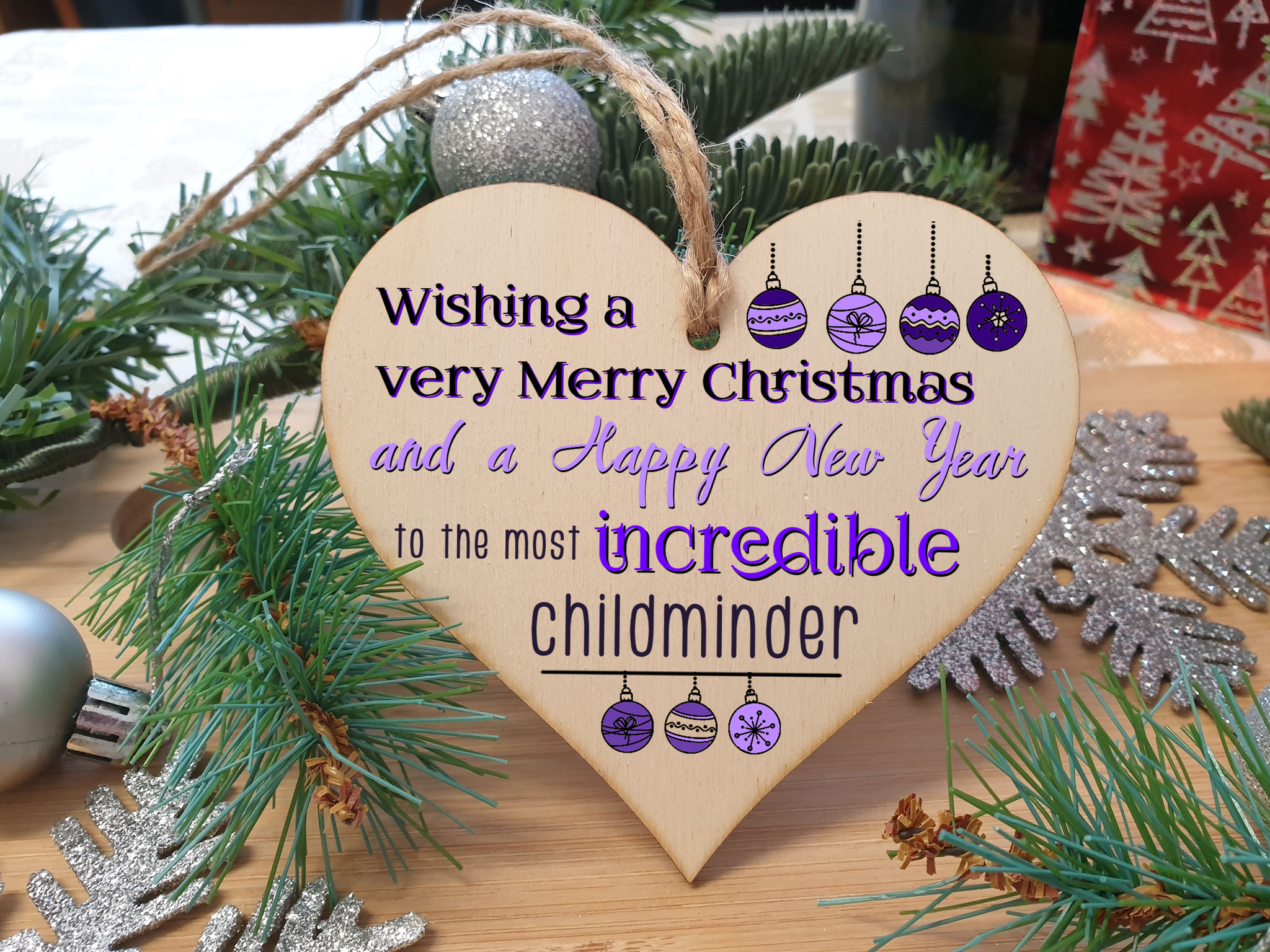 Handmade Wooden Christmas Hanging Heart Plaque Gift Wishing Merry Xmas and happy new year to most incredibel childminder card alternative funky wording