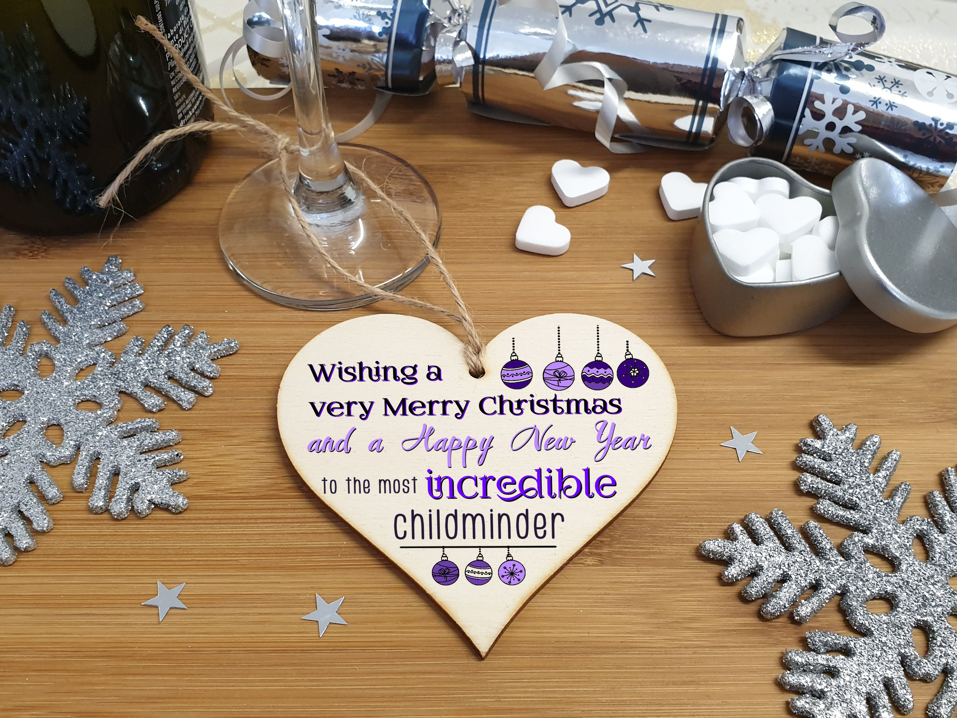 Handmade Wooden Christmas Hanging Heart Plaque Gift Wishing Merry Xmas and happy new year to most incredibel childminder card alternative funky wording