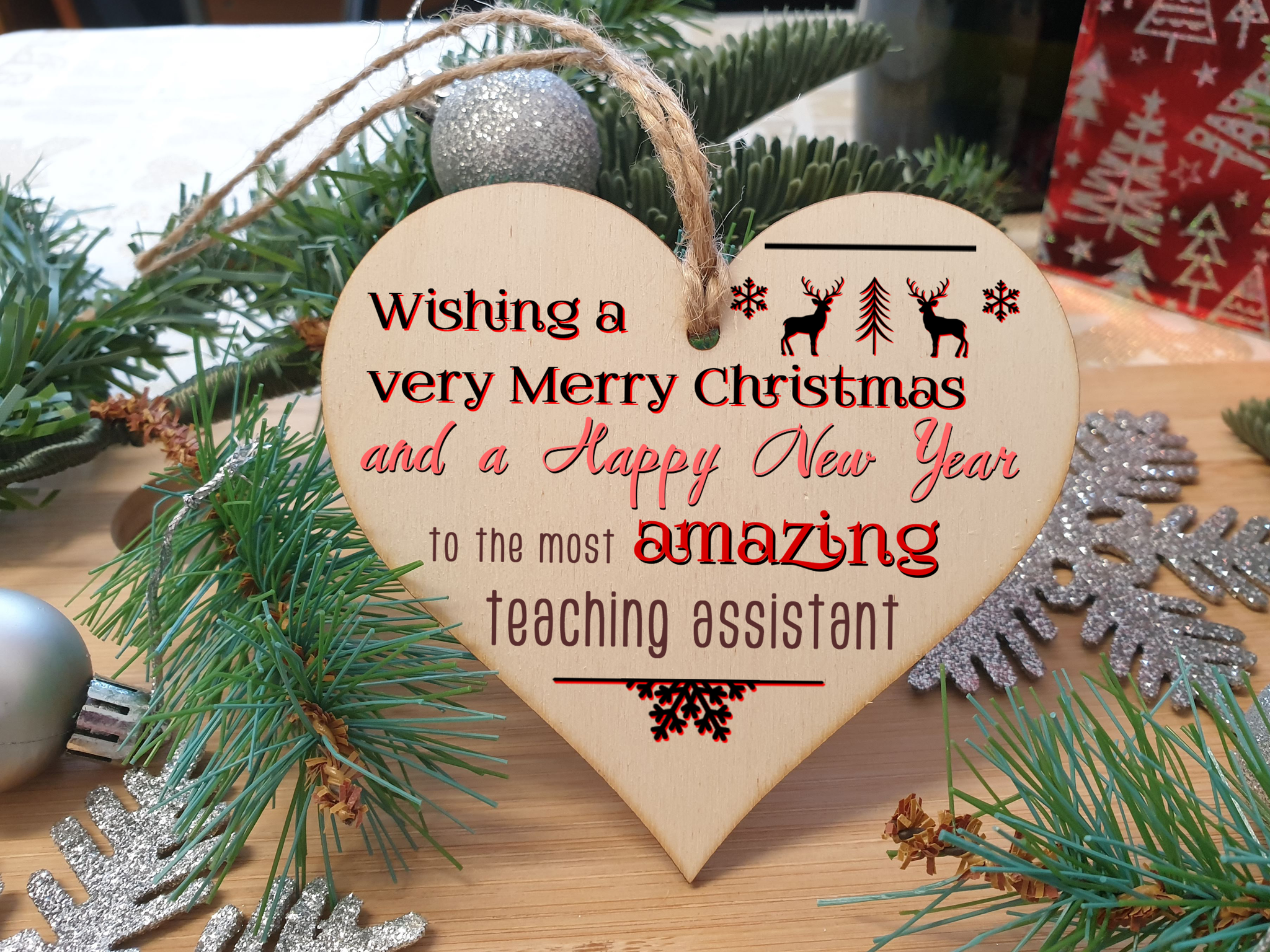 Handmade Wooden Christmas Hanging Heart Plaque Gift Wishing Merry Xmas and happy new year to most amazing teaching assistant card alternative funky wording