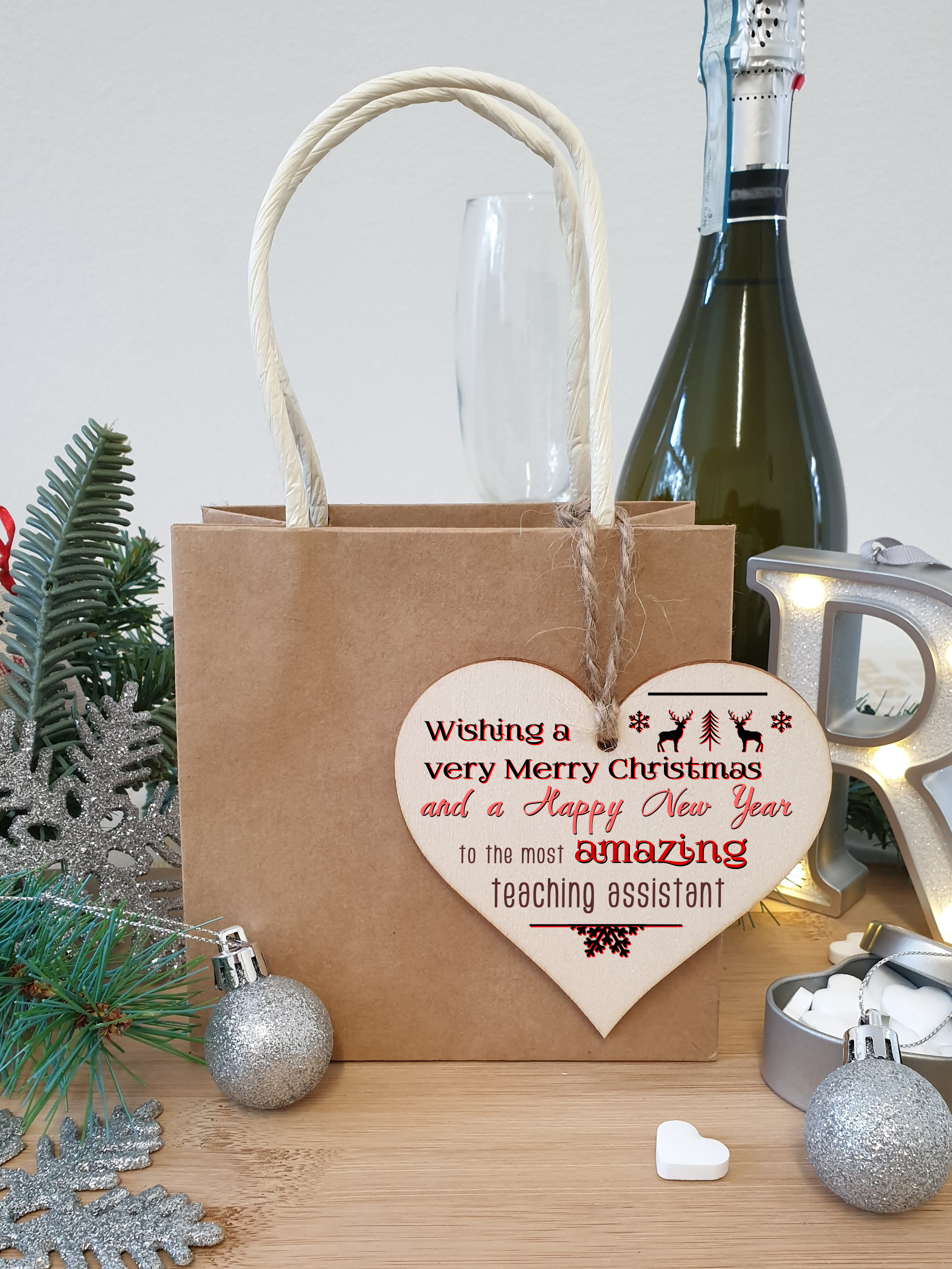 Handmade Wooden Christmas Hanging Heart Plaque Gift Wishing Merry Xmas and happy new year to most amazing teaching assistant card alternative funky wording