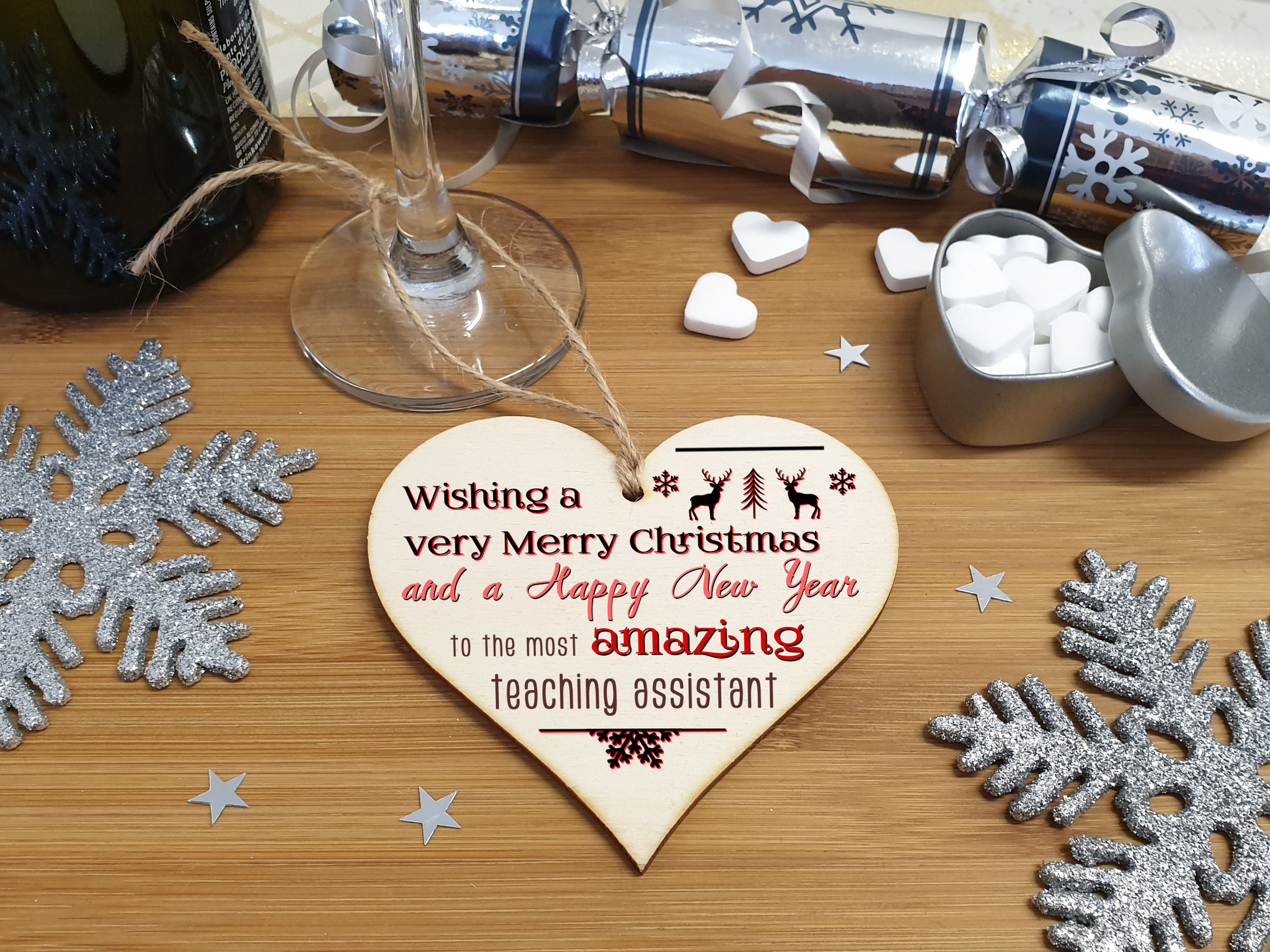 Handmade Wooden Christmas Hanging Heart Plaque Gift Wishing Merry Xmas and happy new year to most amazing teaching assistant card alternative funky wording