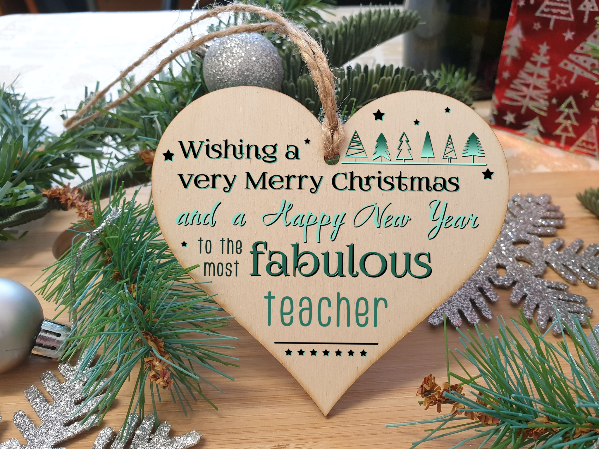 Handmade Wooden Christmas Hanging Heart Plaque Gift Wishing Merry Xmas and happy new year to most fabulous teacher card alternative funky wording