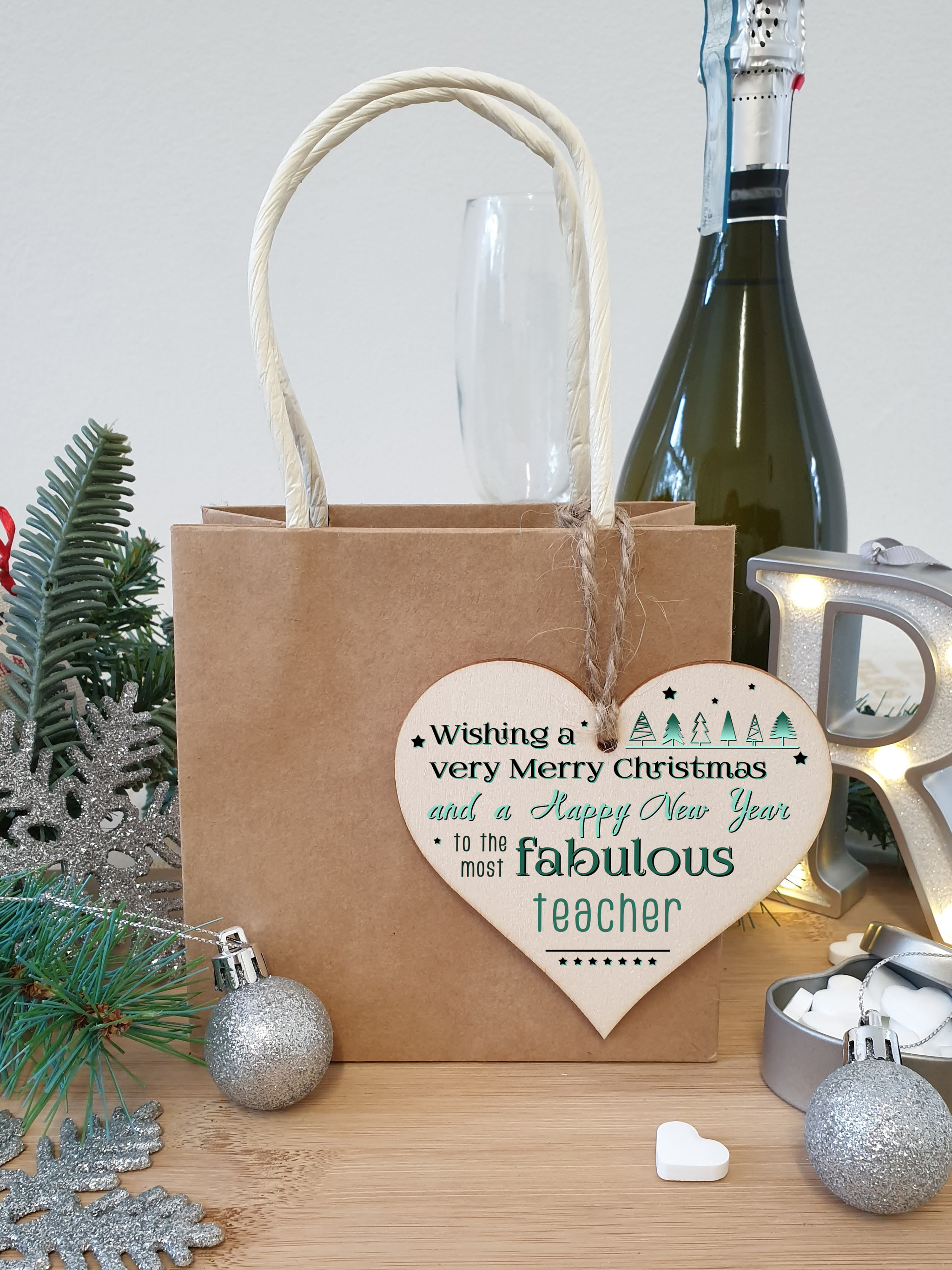 Handmade Wooden Christmas Hanging Heart Plaque Gift Wishing Merry Xmas and happy new year to most fabulous teacher card alternative funky wording