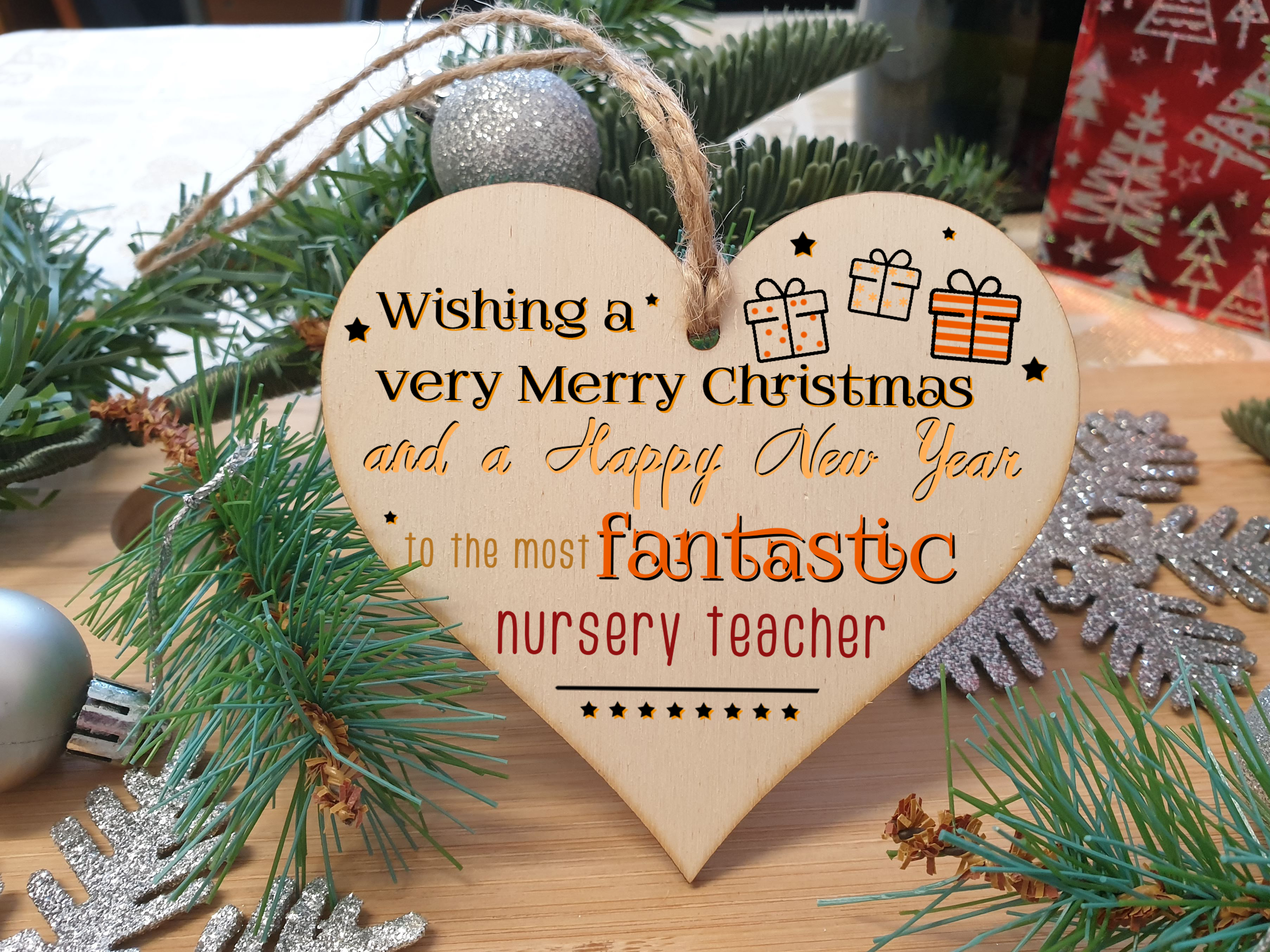 Handmade Wooden Christmas Hanging Heart Plaque Gift Wishing Merry Xmas and happy new year to most fantastic nursery teacher card alternative funky wording