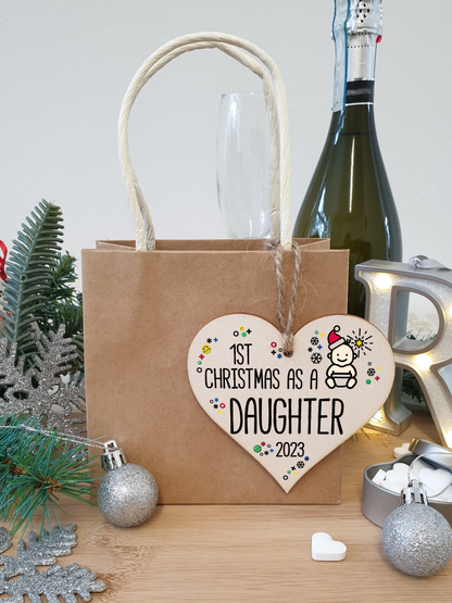 Handmade Wooden Christmas Hanging Heart Plaque Gift 1st Xmas as a Daughter new baby family celebration tree decoration present for family