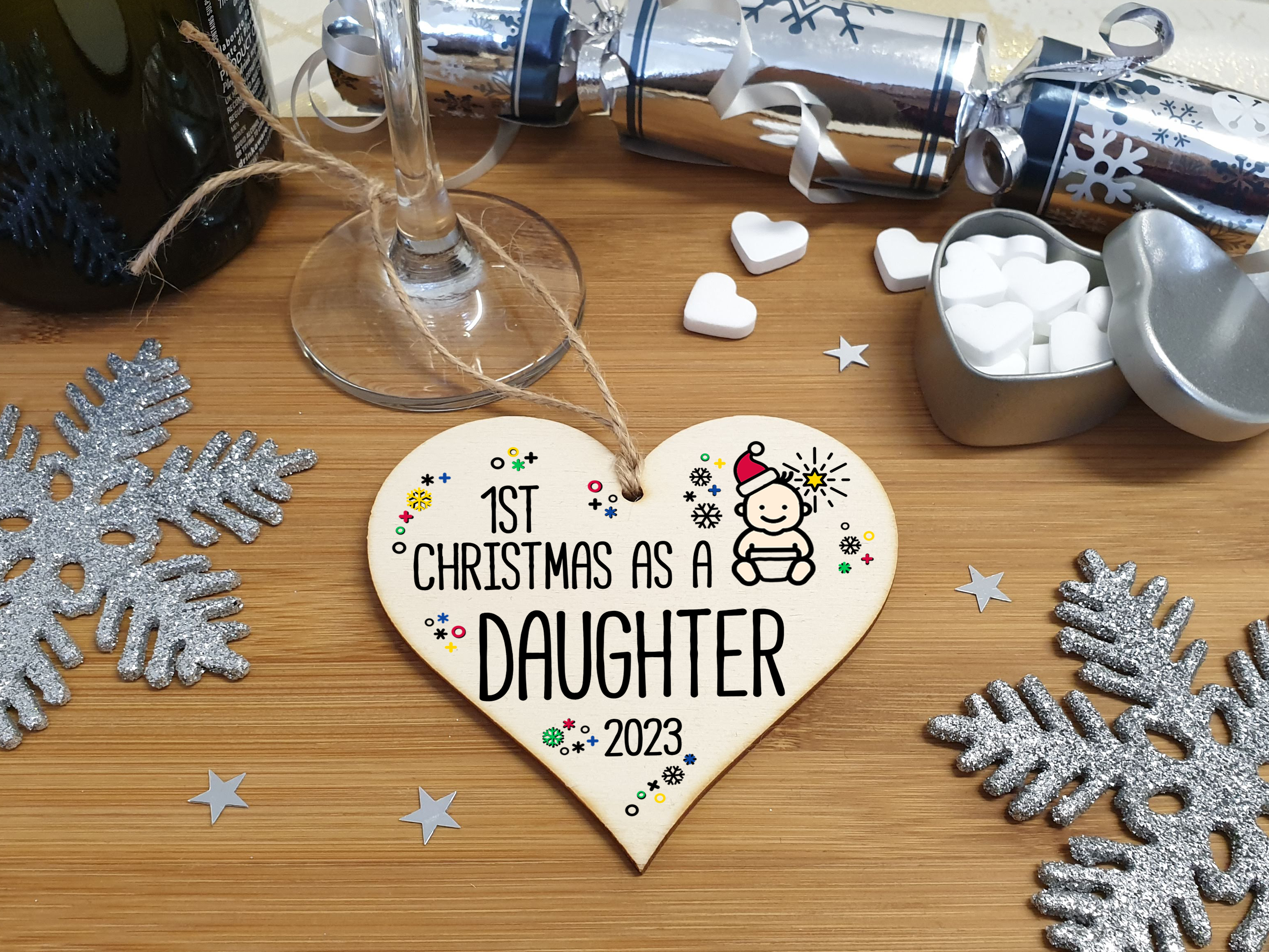 Handmade Wooden Christmas Hanging Heart Plaque Gift 1st Xmas as a Daughter new baby family celebration tree decoration present for family