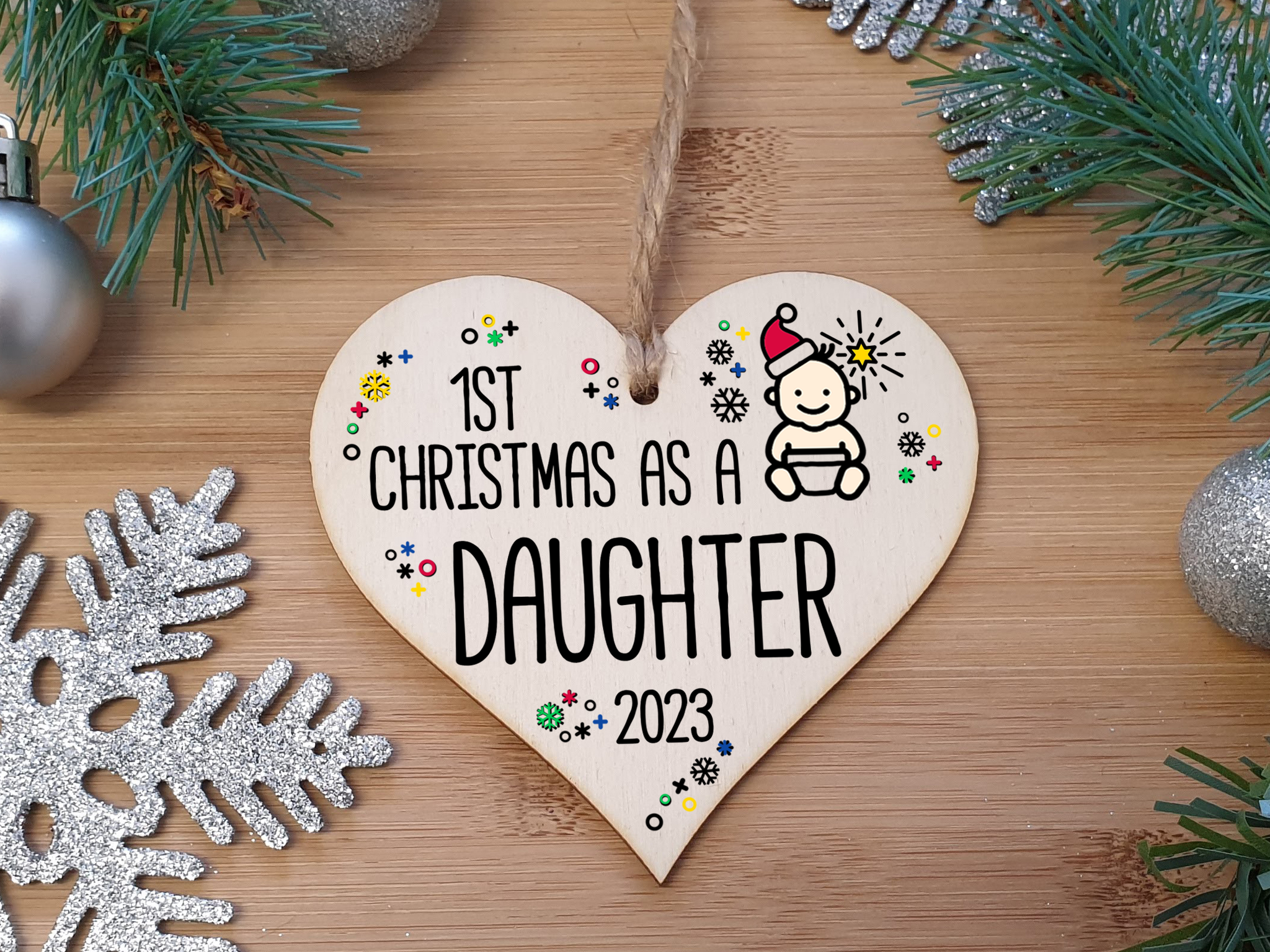 Handmade Wooden Christmas Hanging Heart Plaque Gift 1st Xmas as a Daughter new baby family celebration tree decoration present for family