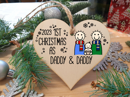 Handmade Wooden Christmas Hanging Heart Plaque Gift 1st Xmas as Daddy & Daddy commemorate new baby arrival new family same sex couple present tree decoration