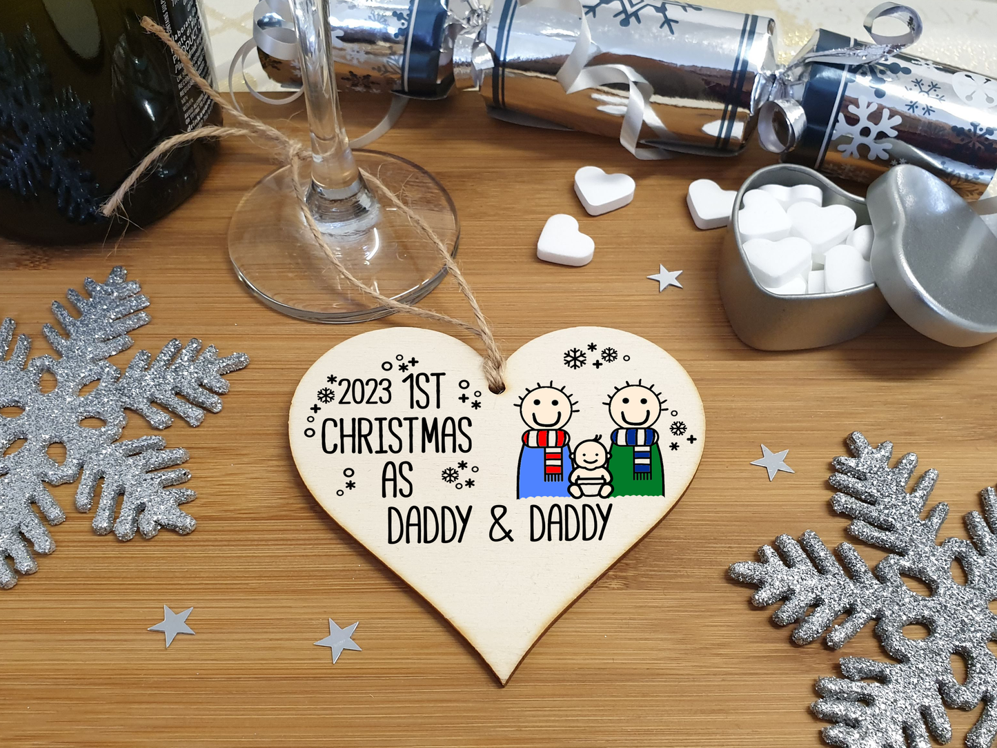 Handmade Wooden Christmas Hanging Heart Plaque Gift 1st Xmas as Daddy & Daddy commemorate new baby arrival new family same sex couple present tree decoration
