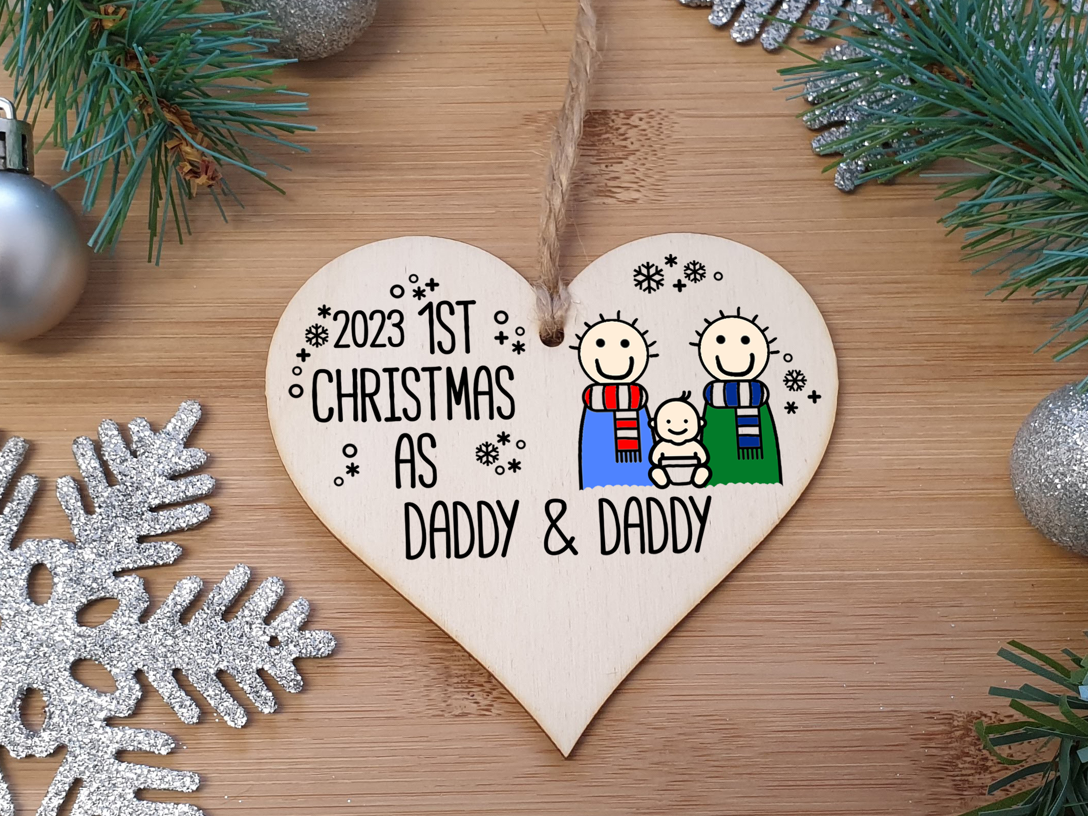 Handmade Wooden Christmas Hanging Heart Plaque Gift 1st Xmas as Daddy & Daddy commemorate new baby arrival new family same sex couple present tree decoration