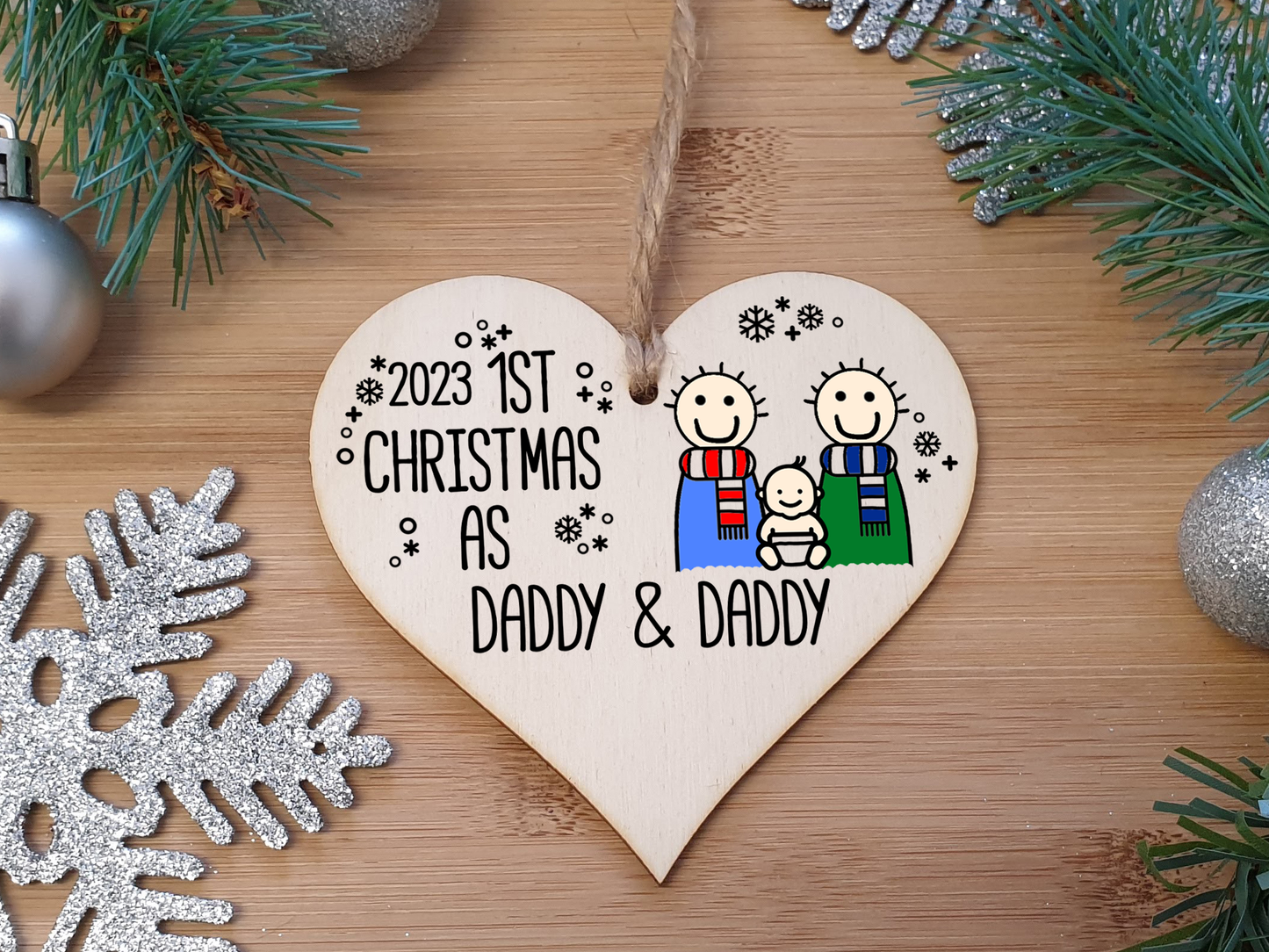 Handmade Wooden Christmas Hanging Heart Plaque Gift 1st Xmas as Daddy & Daddy commemorate new baby arrival new family same sex couple present tree decoration