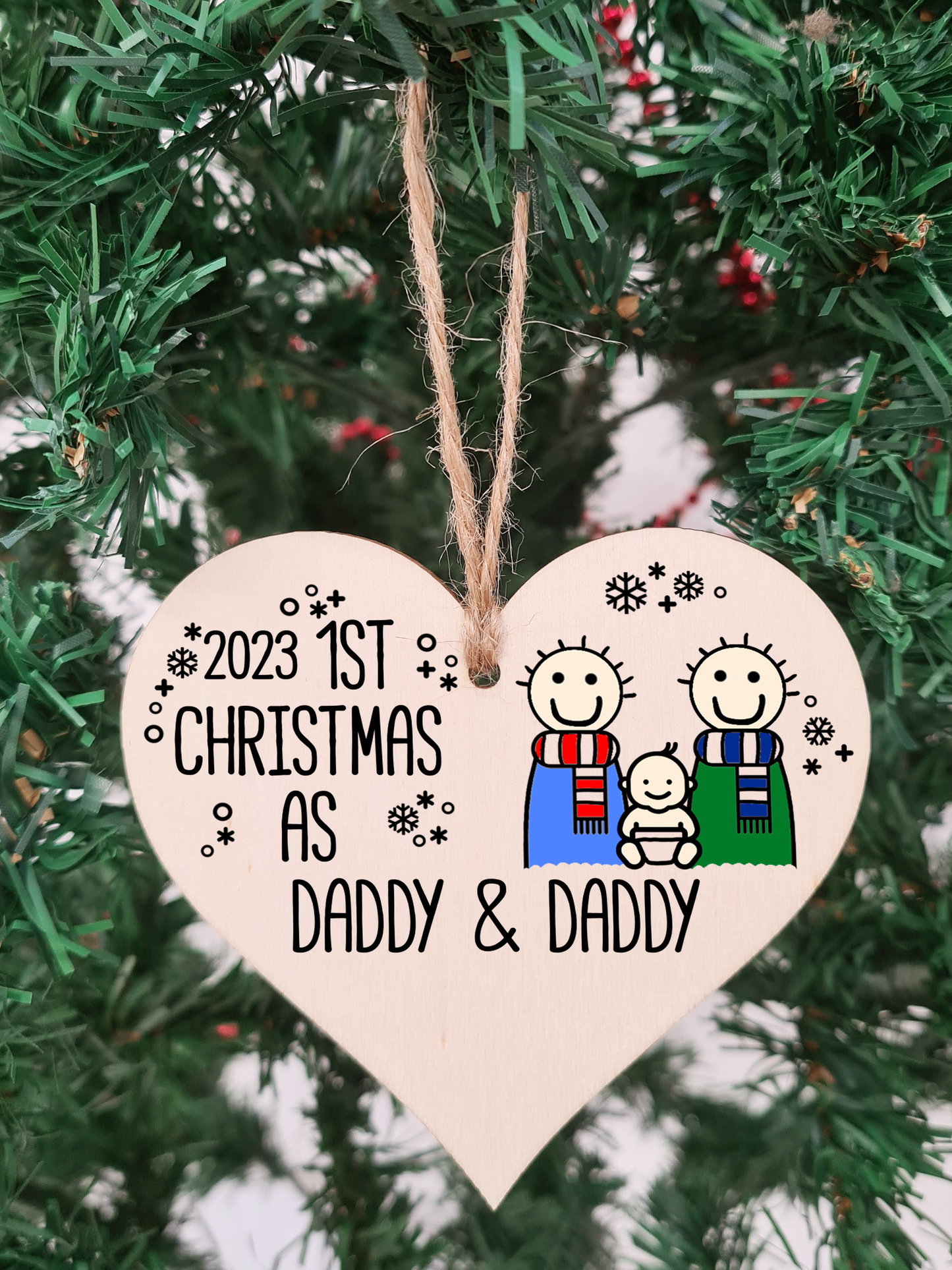 Handmade Wooden Christmas Hanging Heart Plaque Gift 1st Xmas as Daddy & Daddy commemorate new baby arrival new family same sex couple present tree decoration
