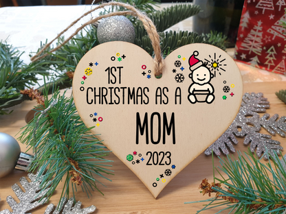 Handmade Wooden Christmas Hanging Heart Plaque Gift 1st Xmas as a Mom new baby family celebration tree decoration present for family