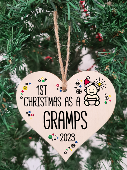 Handmade Wooden Christmas Hanging Heart Plaque Gift 1st Xmas as a Gramps new baby family celebration tree decoration present for family