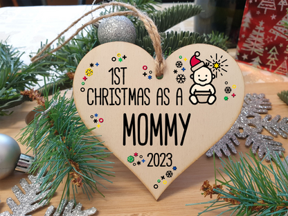 Handmade Wooden Christmas Hanging Heart Plaque Gift 1st Xmas as a Mommy new baby family celebration tree decoration present for family