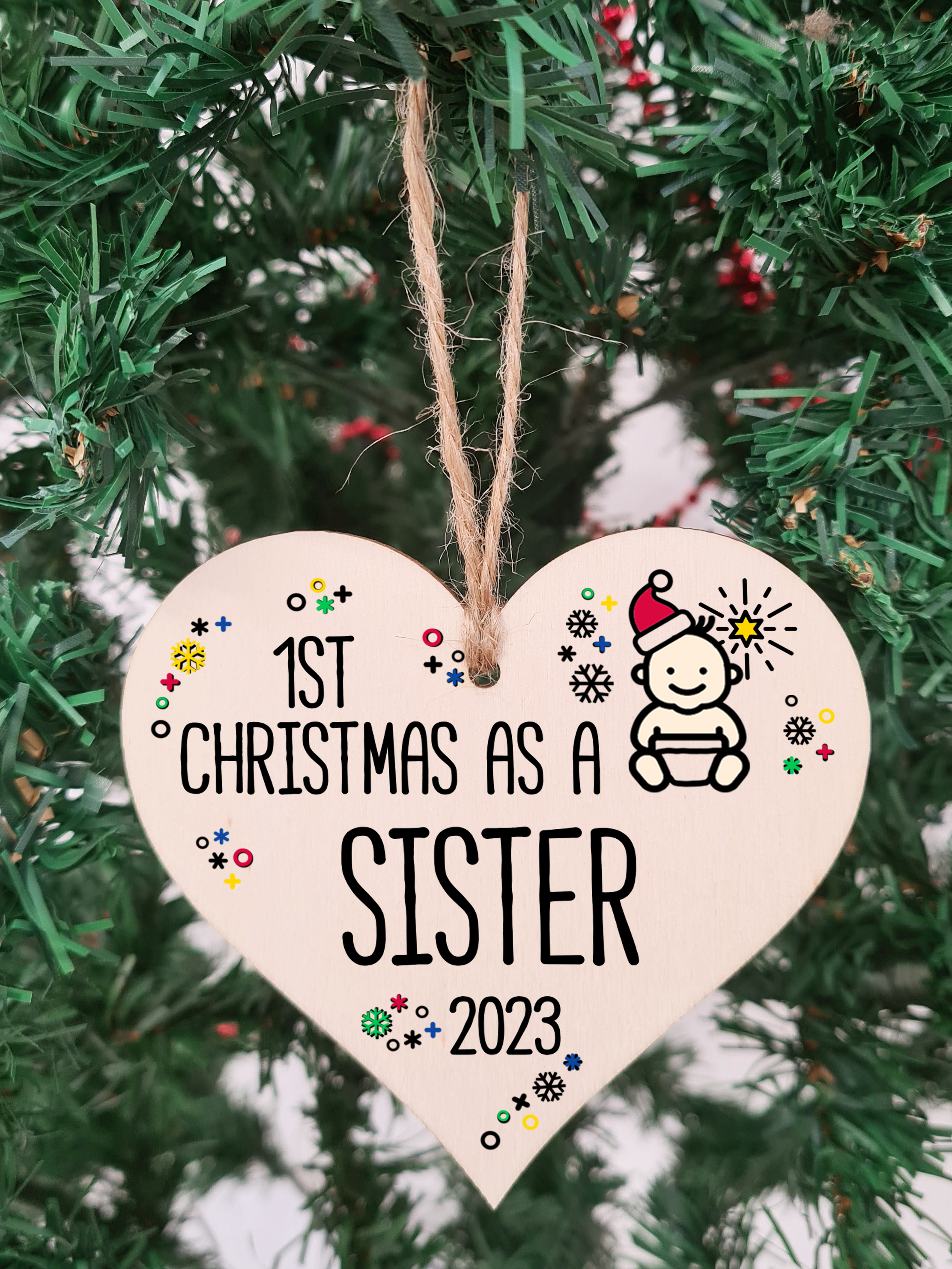 Handmade Wooden Christmas Hanging Heart Plaque Gift 1st Xmas as a Sister new baby family celebration tree decoration present for family