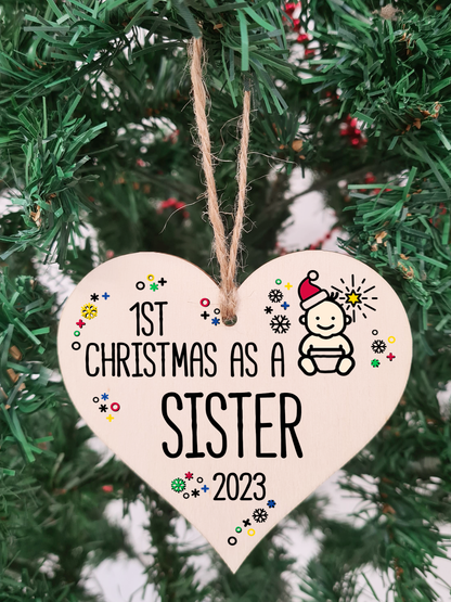 Handmade Wooden Christmas Hanging Heart Plaque Gift 1st Xmas as a Sister new baby family celebration tree decoration present for family