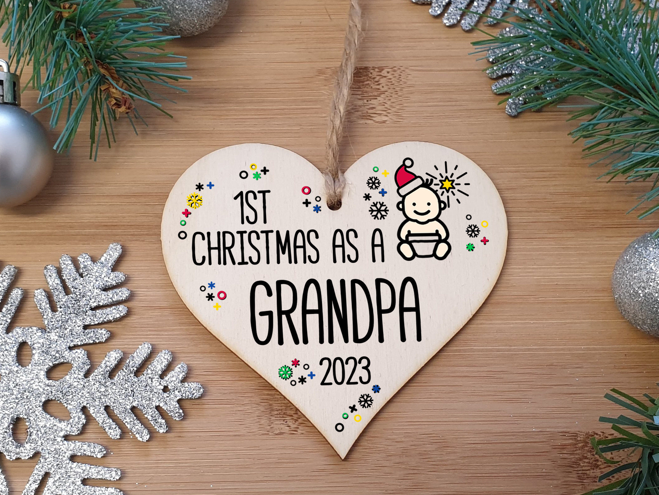 Handmade Wooden Christmas Hanging Heart Plaque Gift 1st Xmas as a Grandpa new baby family celebration tree decoration present for family