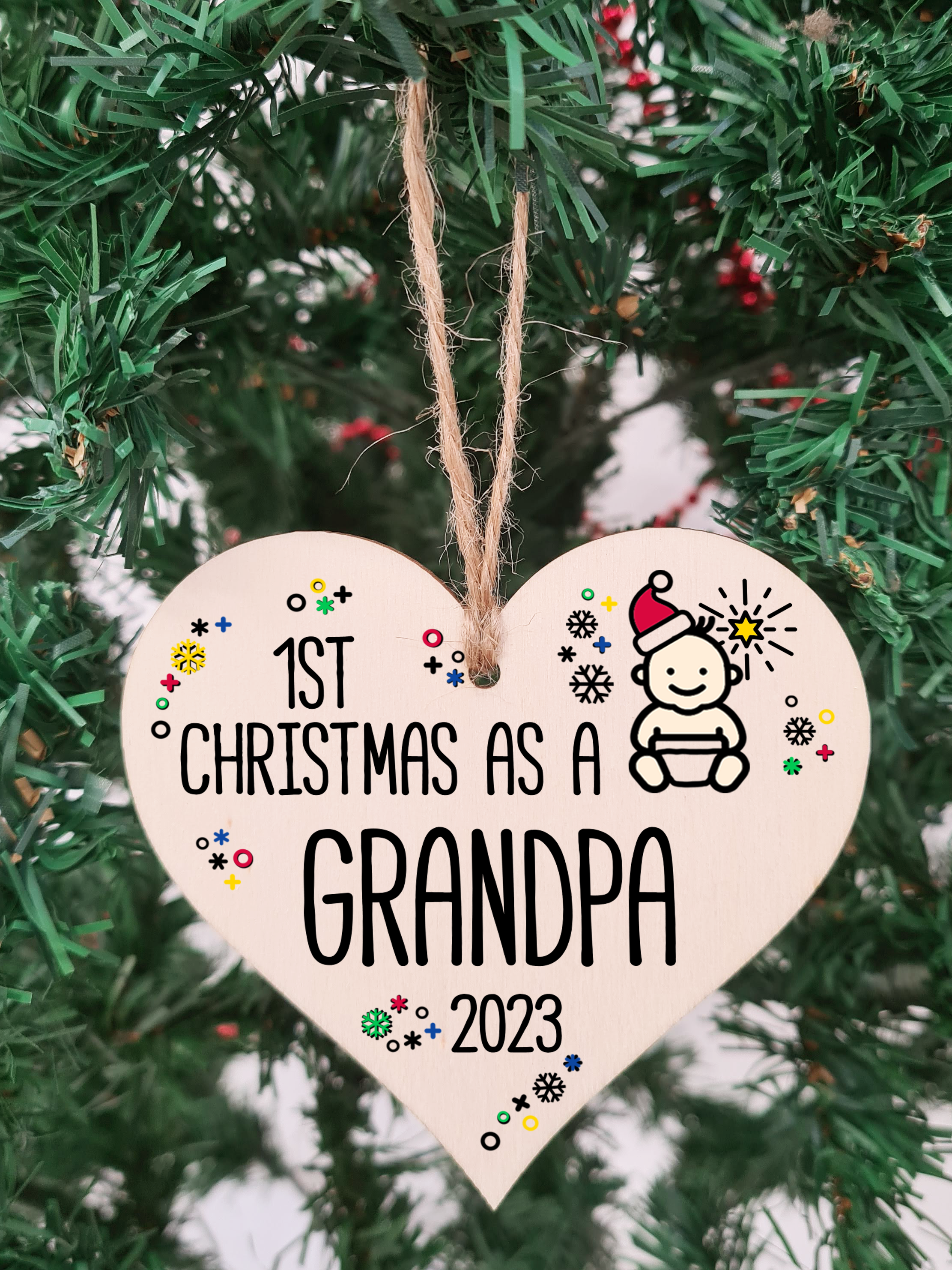 Handmade Wooden Christmas Hanging Heart Plaque Gift 1st Xmas as a Grandpa new baby family celebration tree decoration present for family