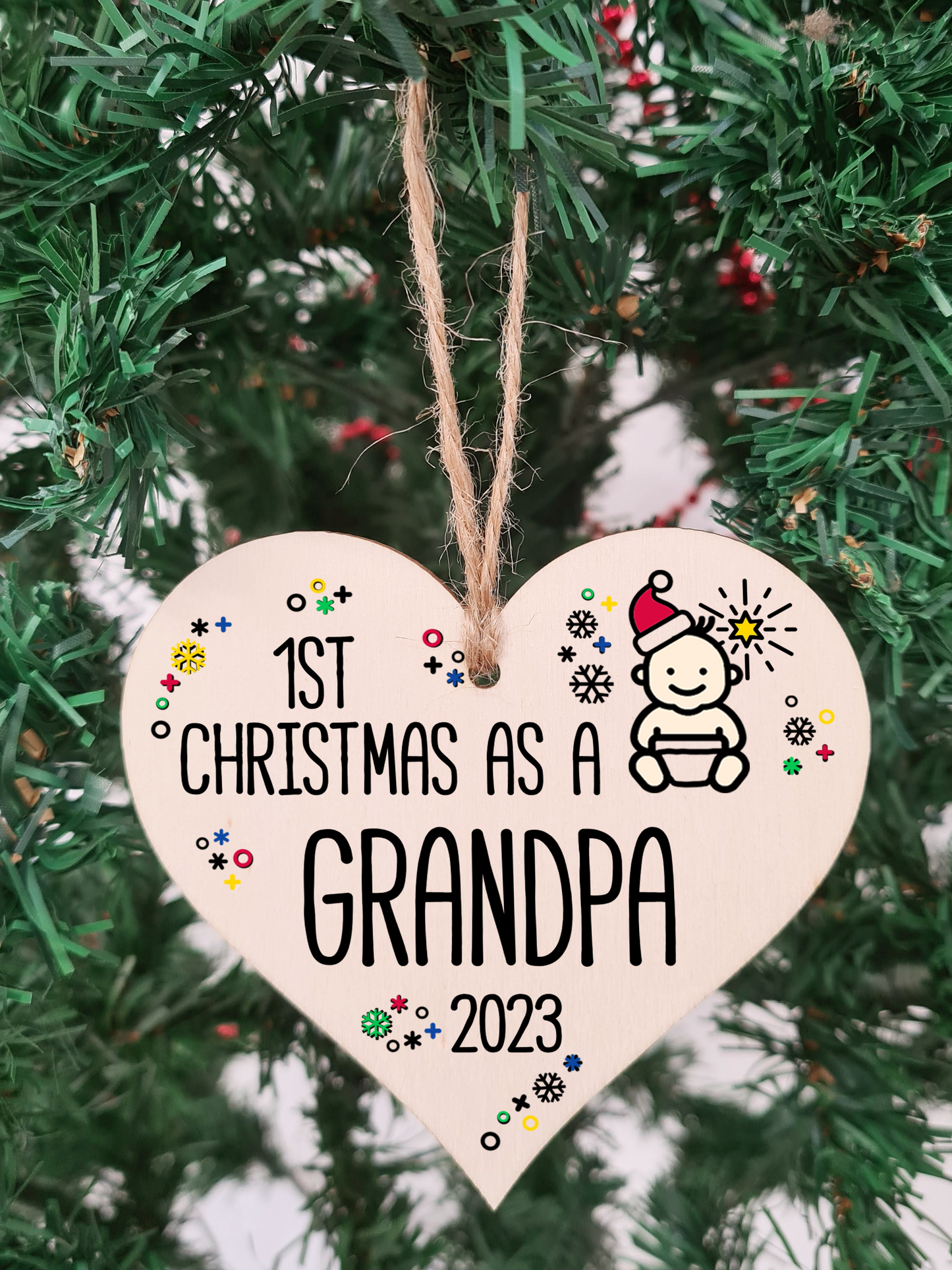 Handmade Wooden Christmas Hanging Heart Plaque Gift 1st Xmas as a Grandpa new baby family celebration tree decoration present for family