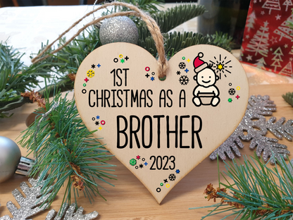 Handmade Wooden Christmas Hanging Heart Plaque Gift 1st Xmas as a Brother new baby family celebration tree decoration present for family