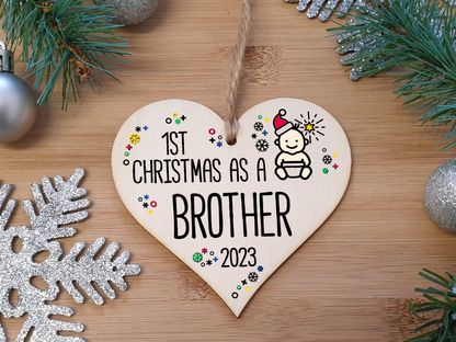 Handmade Wooden Christmas Hanging Heart Plaque Gift 1st Xmas as a Brother new baby family celebration tree decoration present for family