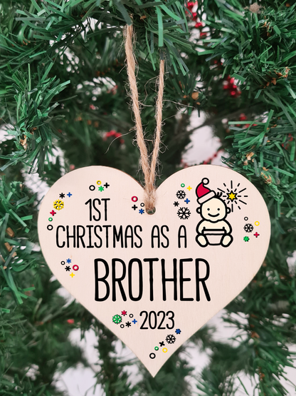 Handmade Wooden Christmas Hanging Heart Plaque Gift 1st Xmas as a Brother new baby family celebration tree decoration present for family