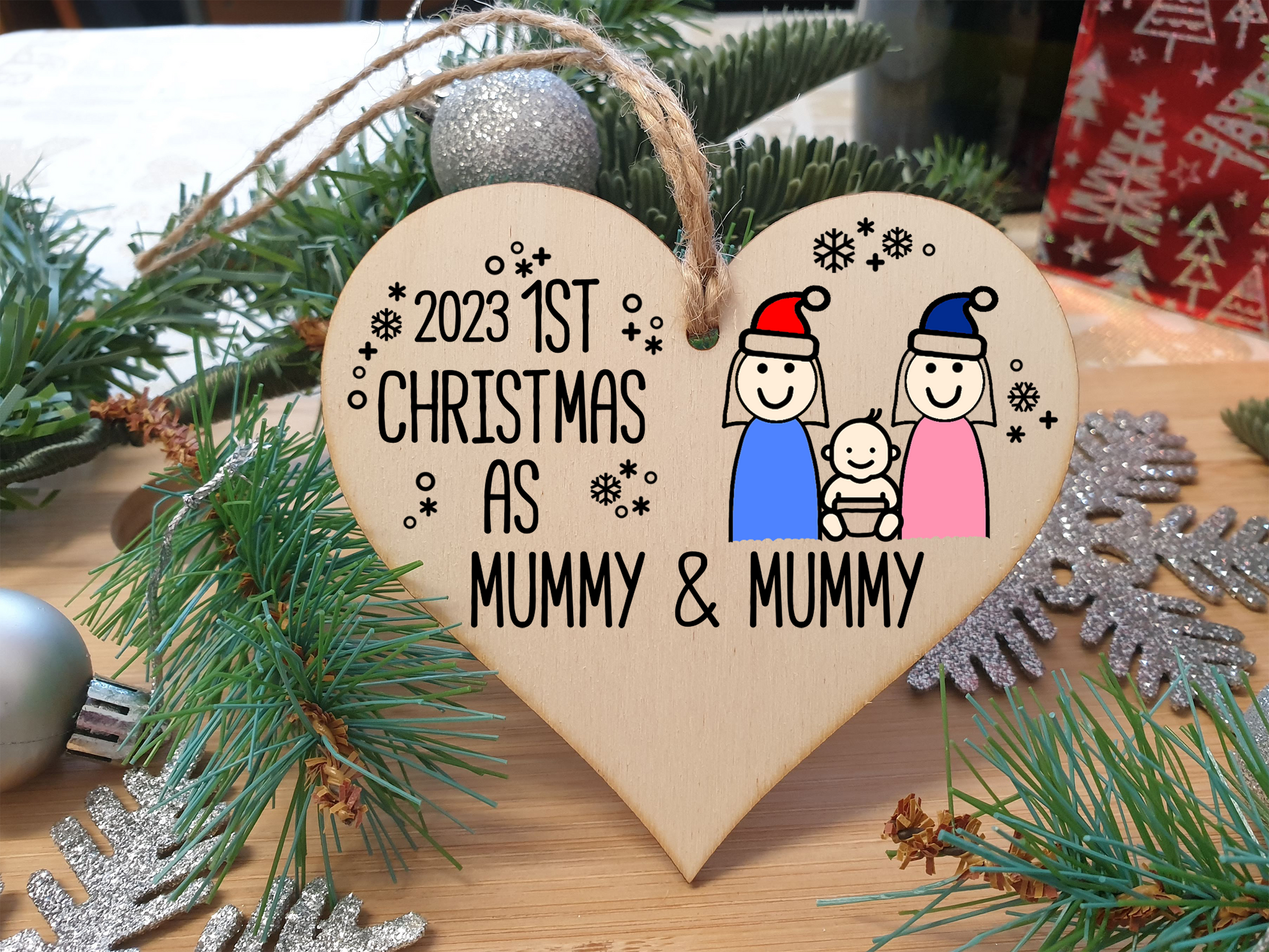 Handmade Wooden Christmas Hanging Heart Plaque Gift 1st Xmas as Mummy & Mummy commemorate new baby arrival new family same sex couple present tree decoration