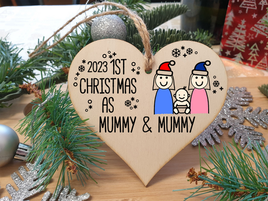 Handmade Wooden Christmas Hanging Heart Plaque Gift 1st Xmas as Mummy & Mummy commemorate new baby arrival new family same sex couple present tree decoration
