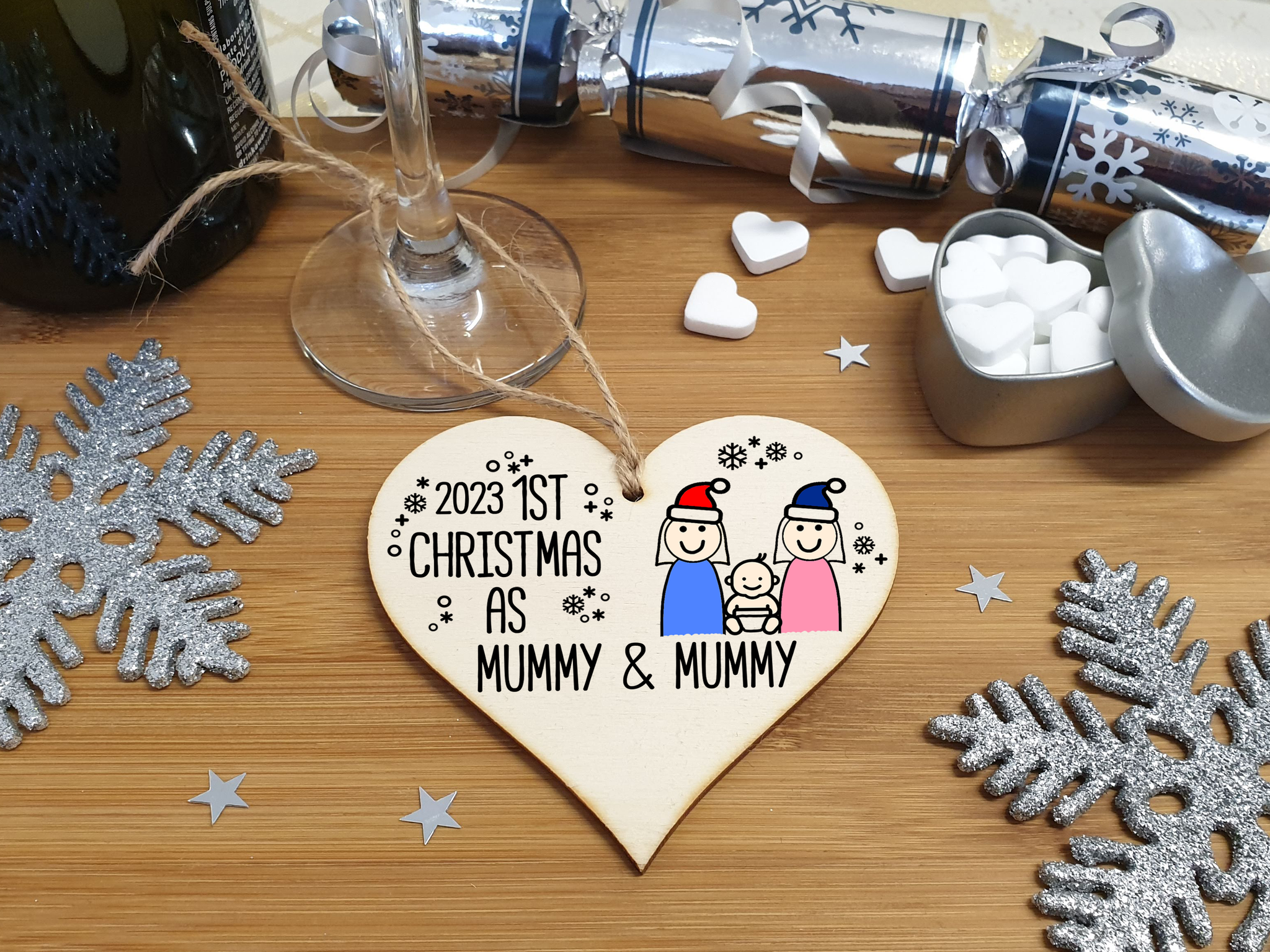Handmade Wooden Christmas Hanging Heart Plaque Gift 1st Xmas as Mummy & Mummy commemorate new baby arrival new family same sex couple present tree decoration