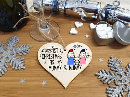 Handmade Wooden Christmas Hanging Heart Plaque Gift 1st Xmas as Mummy & Mummy commemorate new baby arrival new family same sex couple present tree decoration