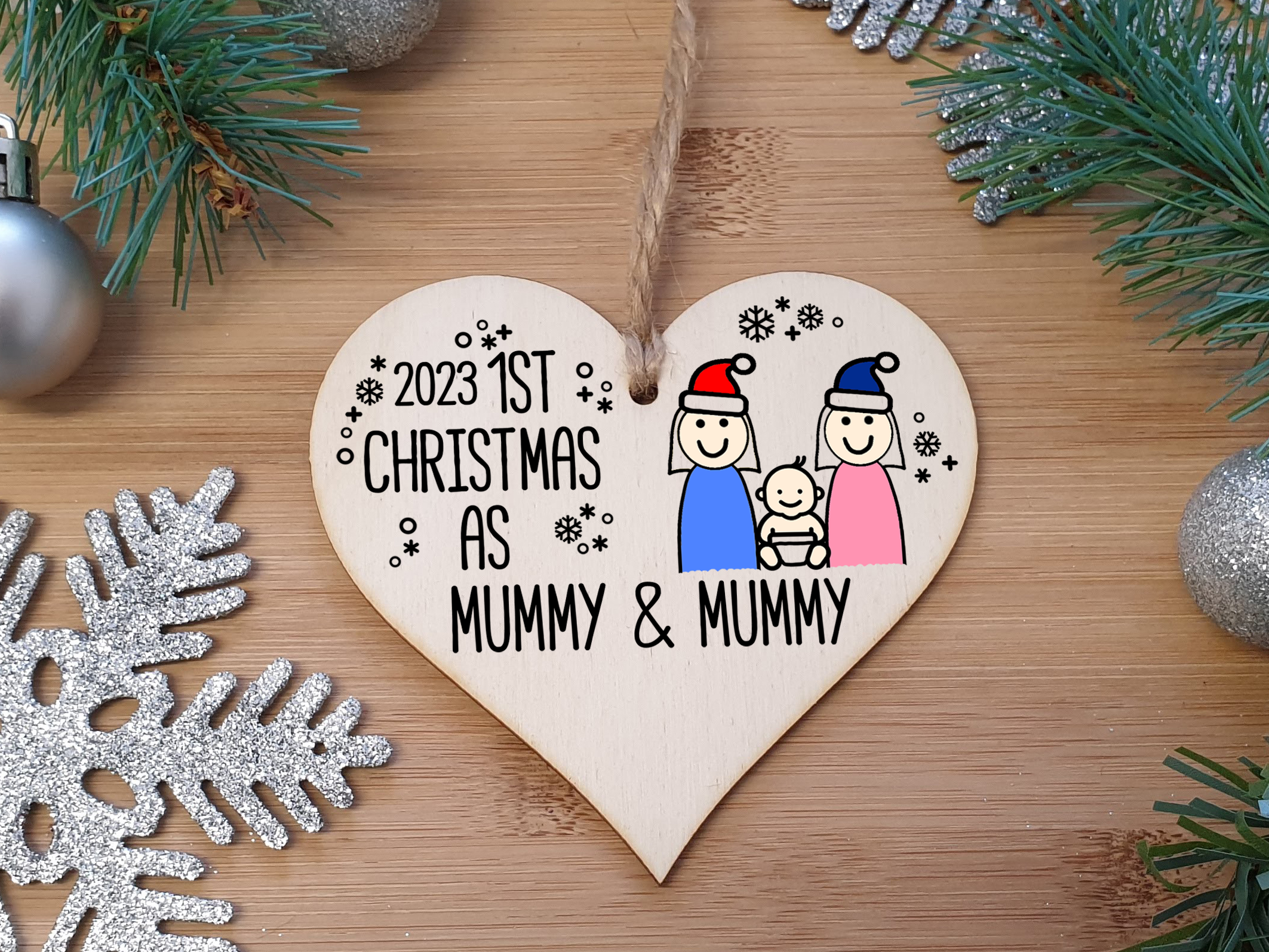 Handmade Wooden Christmas Hanging Heart Plaque Gift 1st Xmas as Mummy & Mummy commemorate new baby arrival new family same sex couple present tree decoration