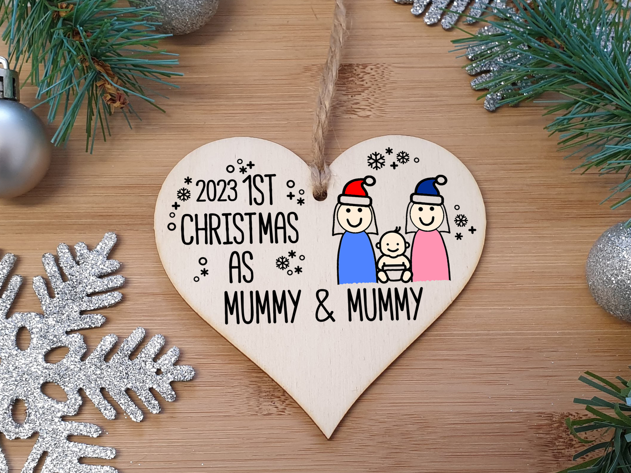 Handmade Wooden Christmas Hanging Heart Plaque Gift 1st Xmas as Mummy & Mummy commemorate new baby arrival new family same sex couple present tree decoration