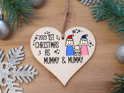 Handmade Wooden Christmas Hanging Heart Plaque Gift 1st Xmas as Mummy & Mummy commemorate new baby arrival new family same sex couple present tree decoration