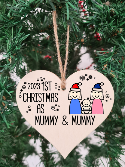 Handmade Wooden Christmas Hanging Heart Plaque Gift 1st Xmas as Mummy & Mummy commemorate new baby arrival new family same sex couple present tree decoration