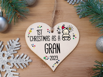 Handmade Wooden Christmas Hanging Heart Plaque Gift 1st Xmas as a Gran new baby family celebration tree decoration present for family