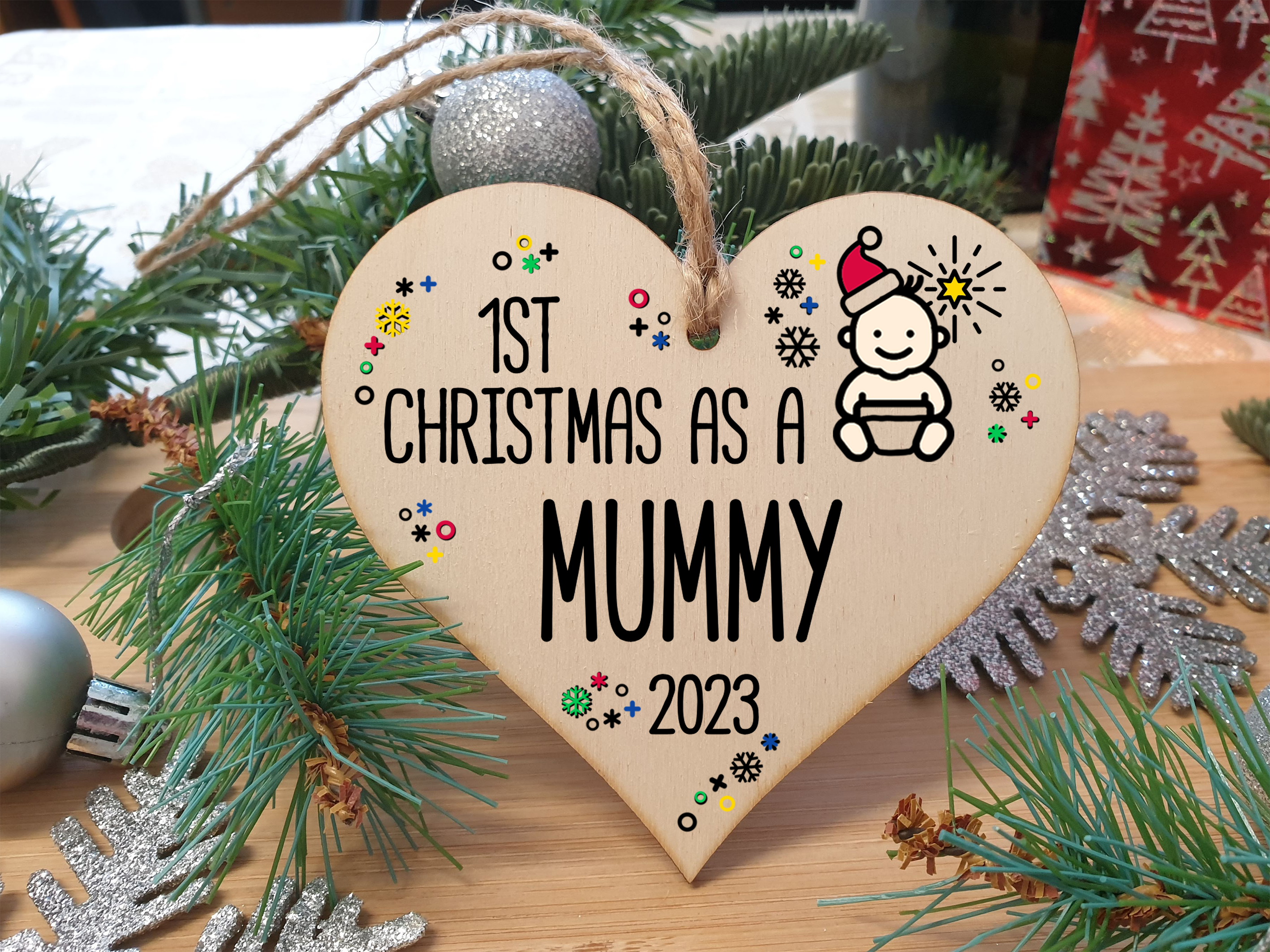 Handmade Wooden Christmas Hanging Heart Plaque Gift 1st Xmas as a Mummy new baby family celebration tree decoration present for family