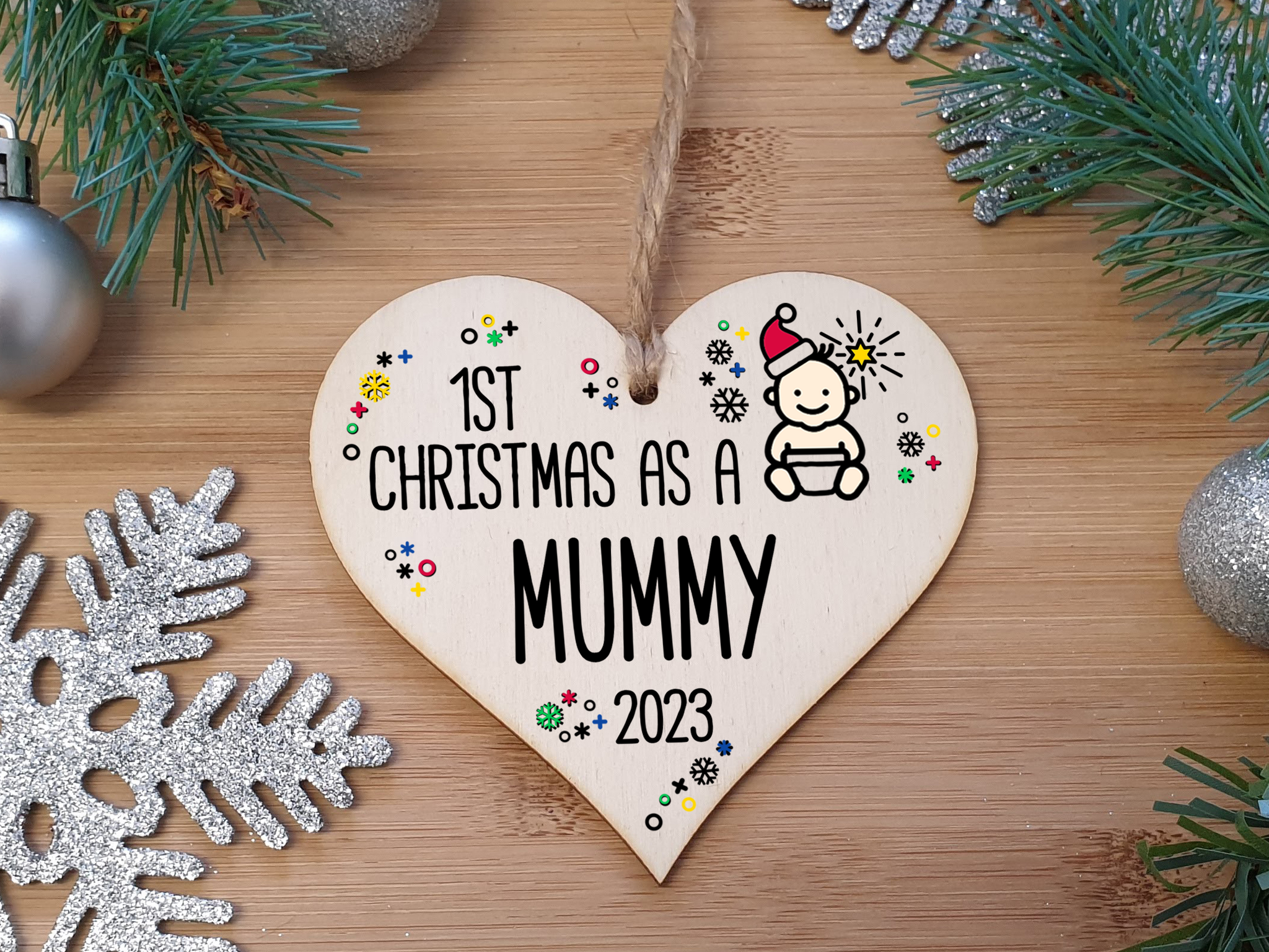 Handmade Wooden Christmas Hanging Heart Plaque Gift 1st Xmas as a Mummy new baby family celebration tree decoration present for family
