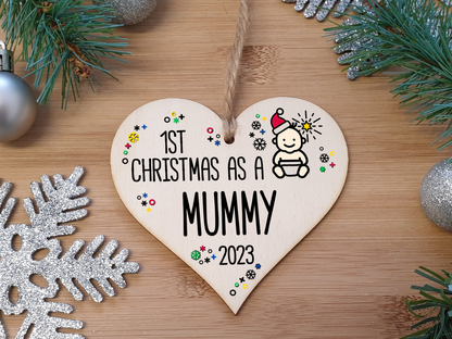 Handmade Wooden Christmas Hanging Heart Plaque Gift 1st Xmas as a Mummy new baby family celebration tree decoration present for family